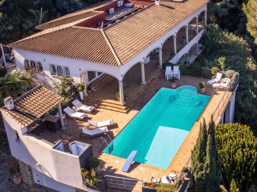 An aerial photo of a villa with a swimming pool photographed by drone